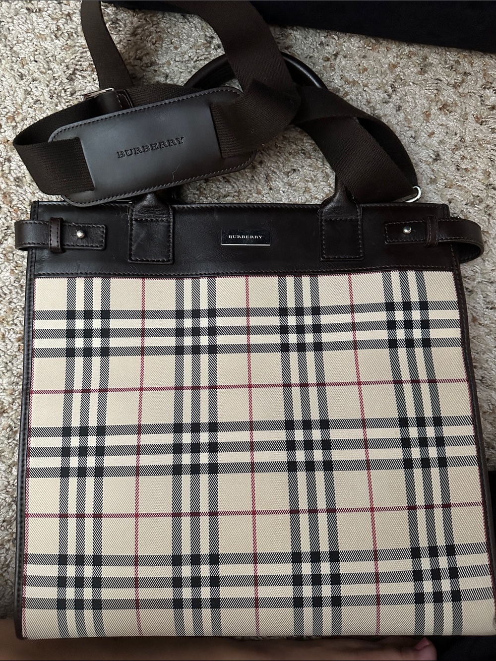 Burberry Beige Check Canvas Messenger Bag with Dark Brown Trim
